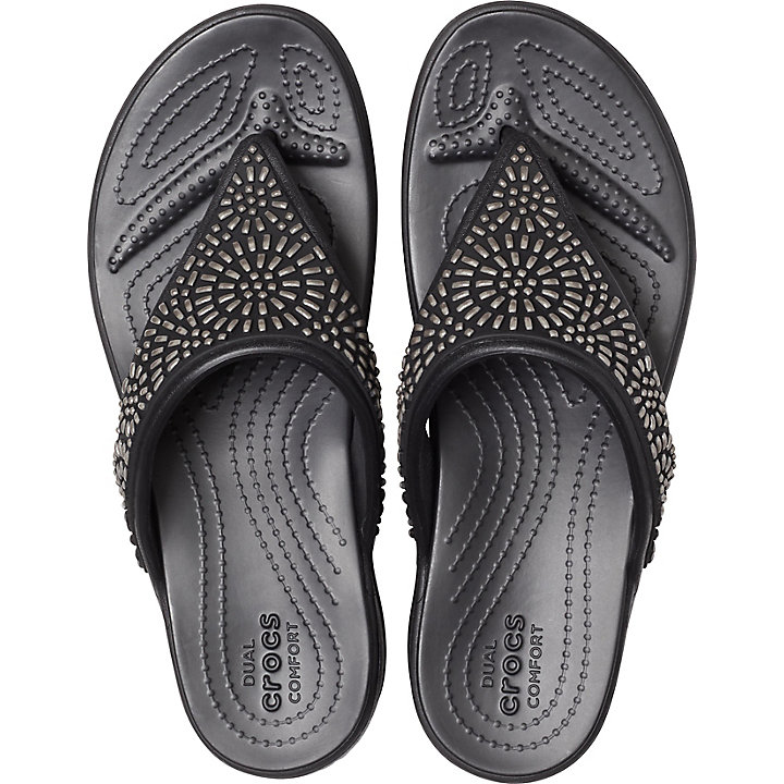 Sandales Crocs Monterey Diamante Wedge Flip Noir Femme | IRN-9036498