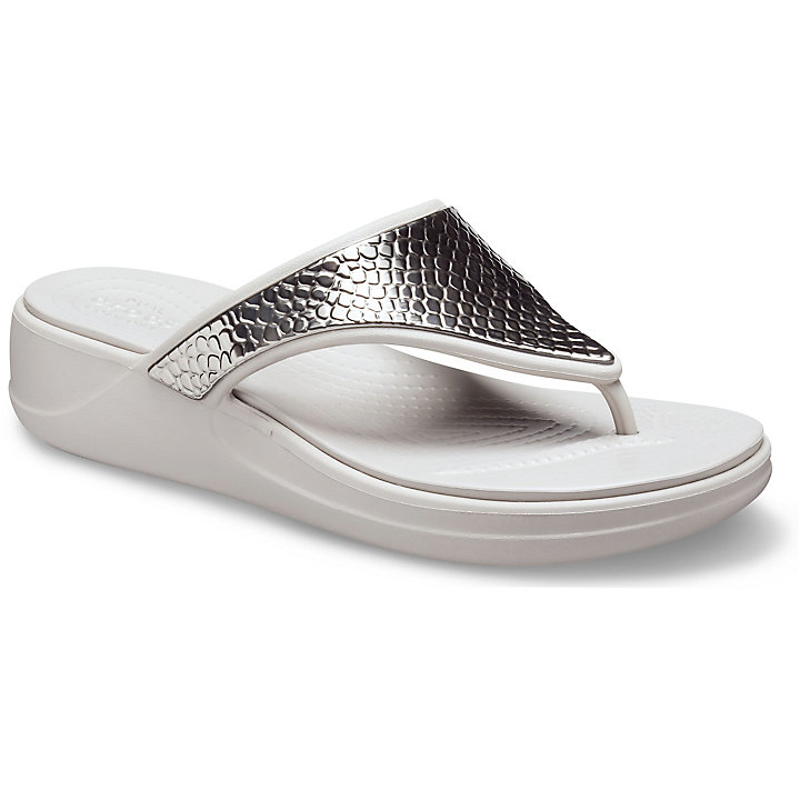 Tong Crocs Monterey Metallic Wedge Flip Argent Platine Femme | EIL-4510132