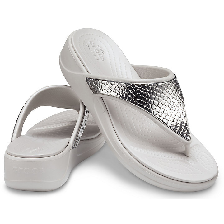 Tong Crocs Monterey Metallic Wedge Flip Argent Platine Femme | EIL-4510132