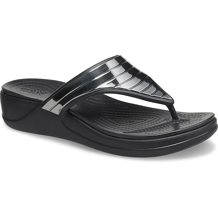 Tong Crocs Monterey Metallic Stripe Wedge Flip Noir Femme | YVZ-7775534