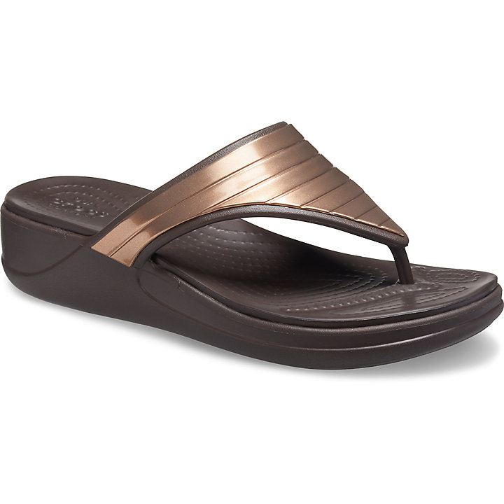 Tong Crocs Monterey Metallic Stripe Wedge Flip Chocolat Femme | EMJ-7519302