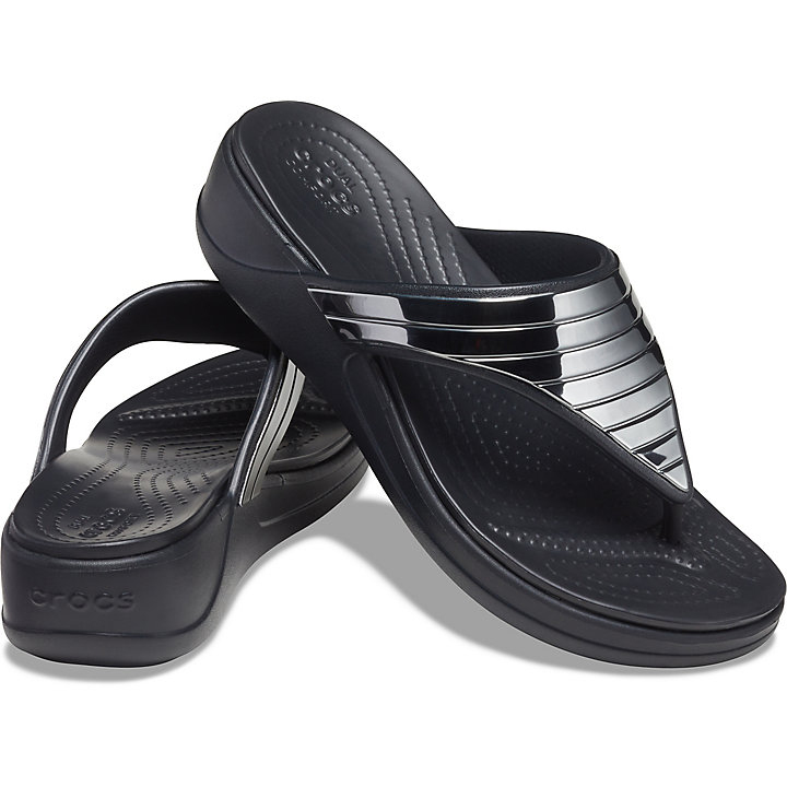 Tong Crocs Monterey Metallic Stripe Wedge Flip Noir Femme | YVZ-7775534