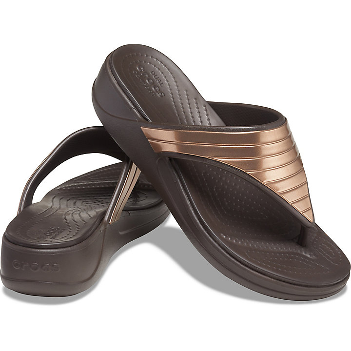 Tong Crocs Monterey Metallic Stripe Wedge Flip Chocolat Femme | EMJ-7519302