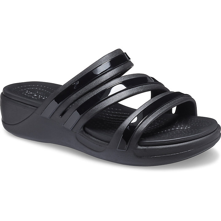 Compensées Crocs Monterey Shiny Stripe Lanières Wedge Noir Femme | DEK-6483893