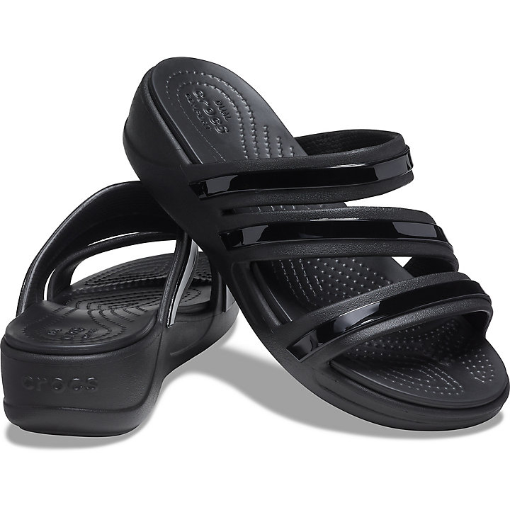 Sandales Crocs Monterey Shiny Stripe Lanières Wedge Noir Femme | RTC-6014845