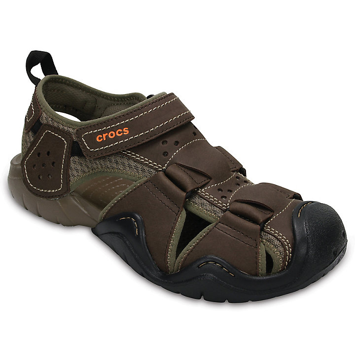 Sandales Crocs Swiftwater Cuir Fisherman Chocolat Vert Olive Homme | FPK-9531586