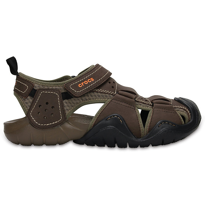 Sandales Crocs Swiftwater Cuir Fisherman Chocolat Vert Olive Homme | FPK-9531586