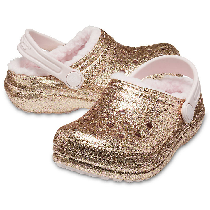 Chaussons Crocs Classiche Glitter Doublée Clog Doré Rose Enfant | RUF-0684744