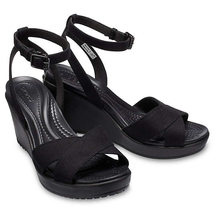 Compensées Crocs Leigh II Cross-Brides Ankle Wedge Noir Femme | YIL-7104675