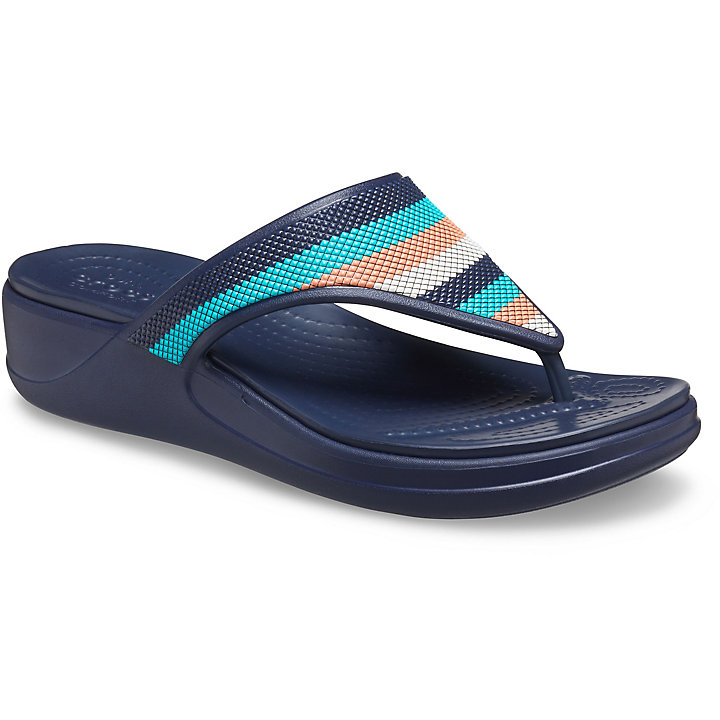 Tong Crocs Monterey Beaded Stripe Wedge Flip - Sandal Bleu Marine Multicolore Femme | IMN-4496929