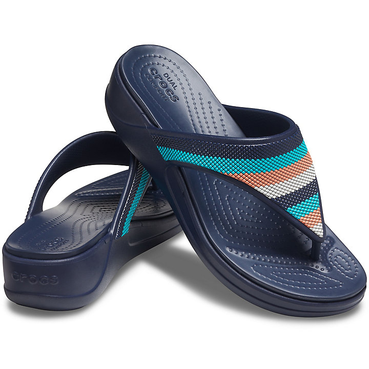 Tong Crocs Monterey Beaded Stripe Wedge Flip - Sandal Bleu Marine Multicolore Femme | IMN-4496929